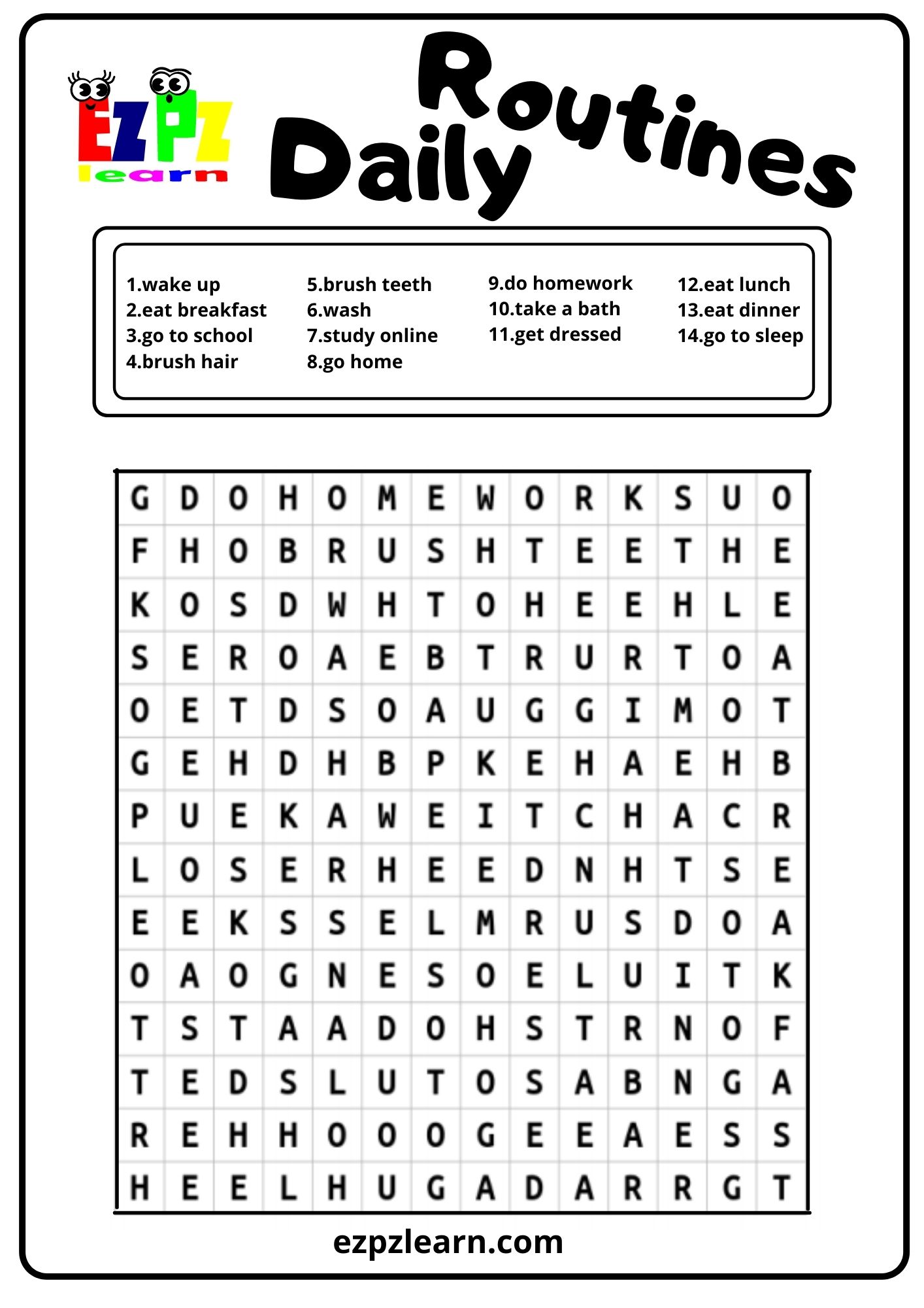 Daily Routine Word Match Game 