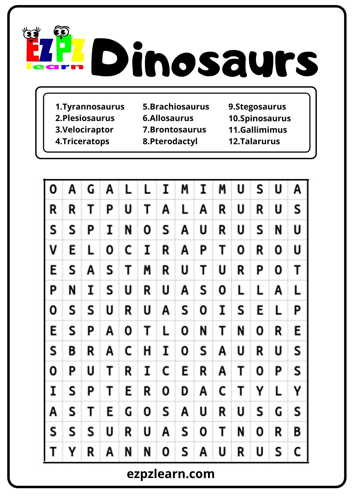 dinosaurs-word-search-ezpzlearn-com for Free Printable Dinosaur Word Search Dinosaurs Word Search - Ezpzlearn.com for Free Printable Dinosaur Word Search