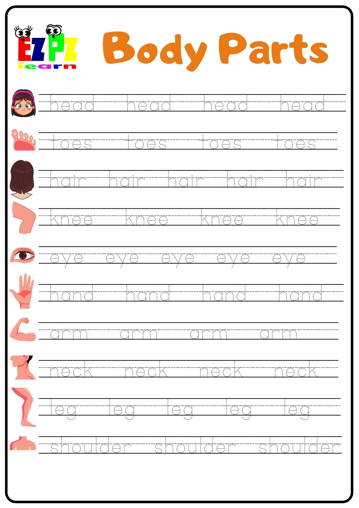 body word tracing worksheet ezpzlearn com