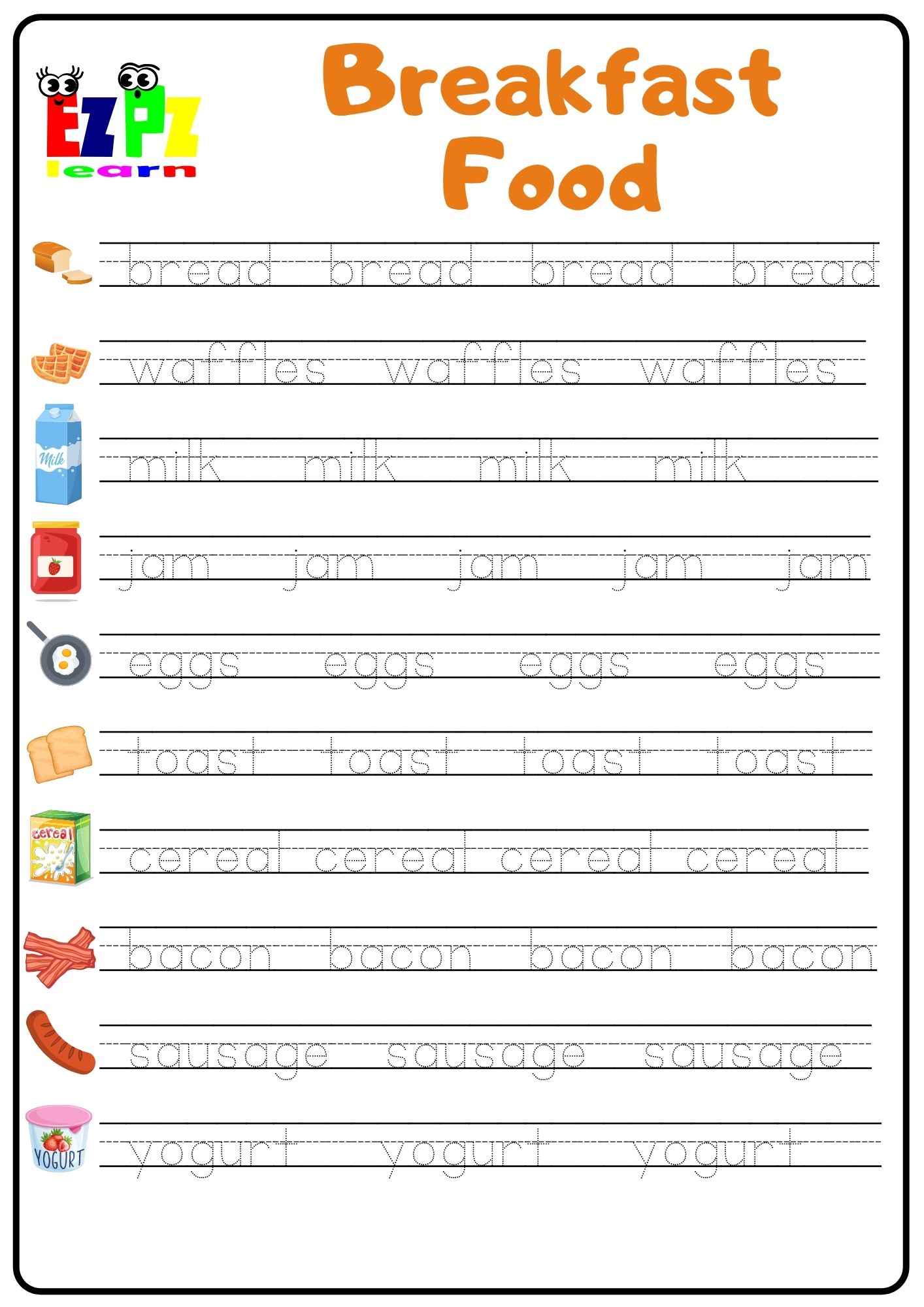 Breakfast Food Word Tracing Worksheet - Ezpzlearn.com