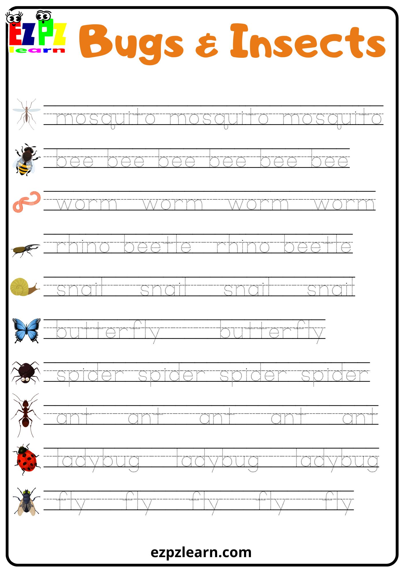 Insects & Bugs Word Tracing Worksheet - Ezpzlearn.com