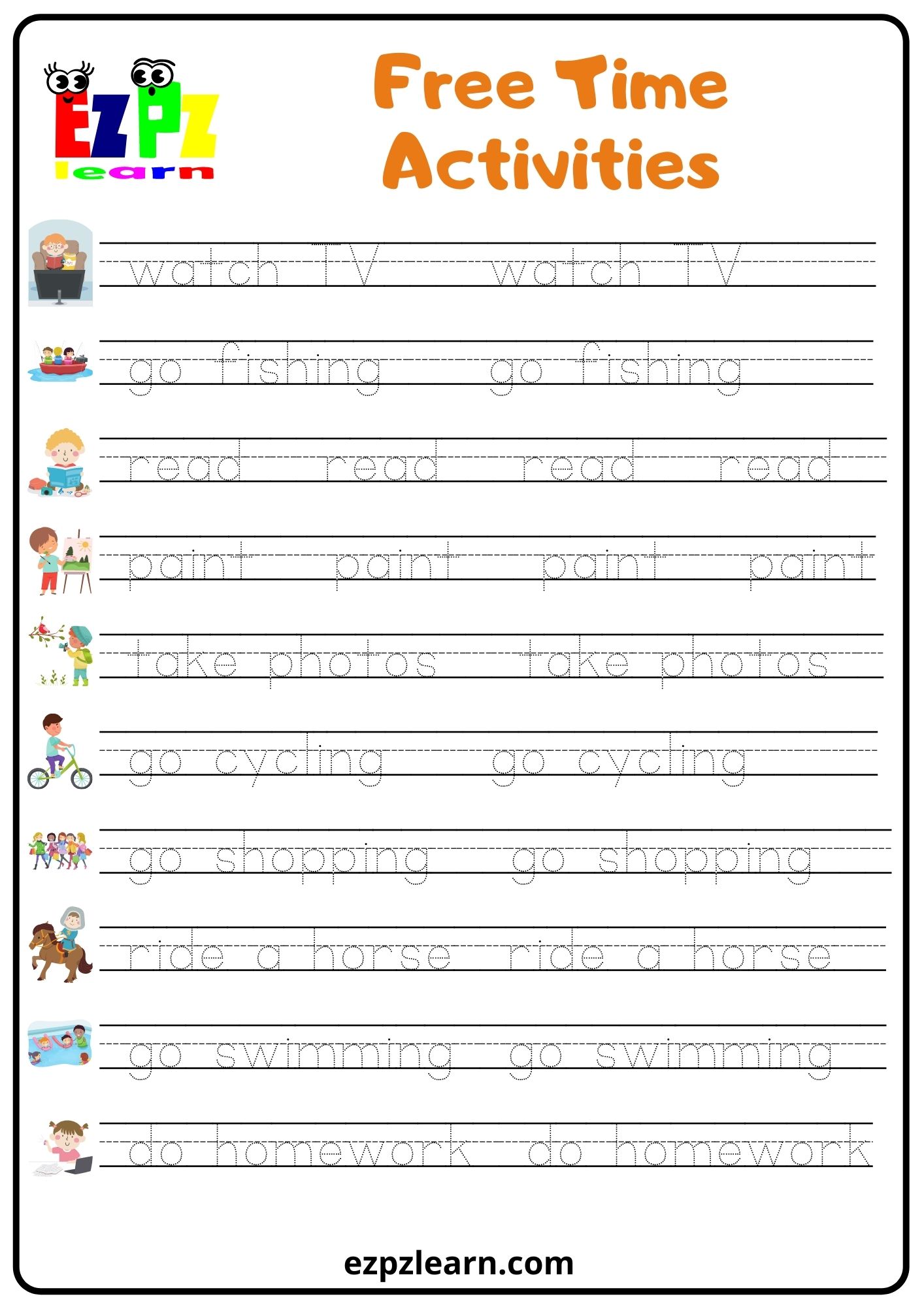 free time activities word tracing worksheet ezpzlearn com