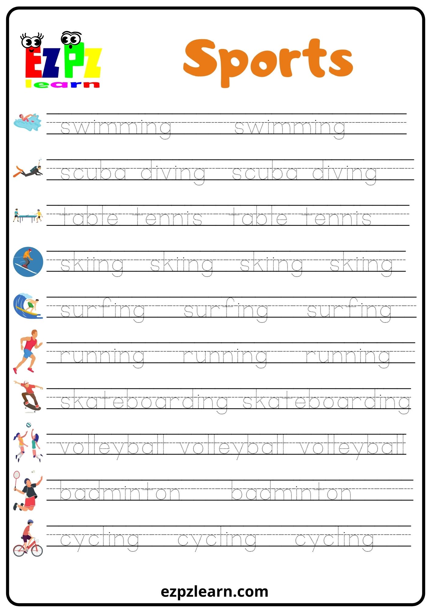 sports set1 word tracing worksheet ezpzlearn com