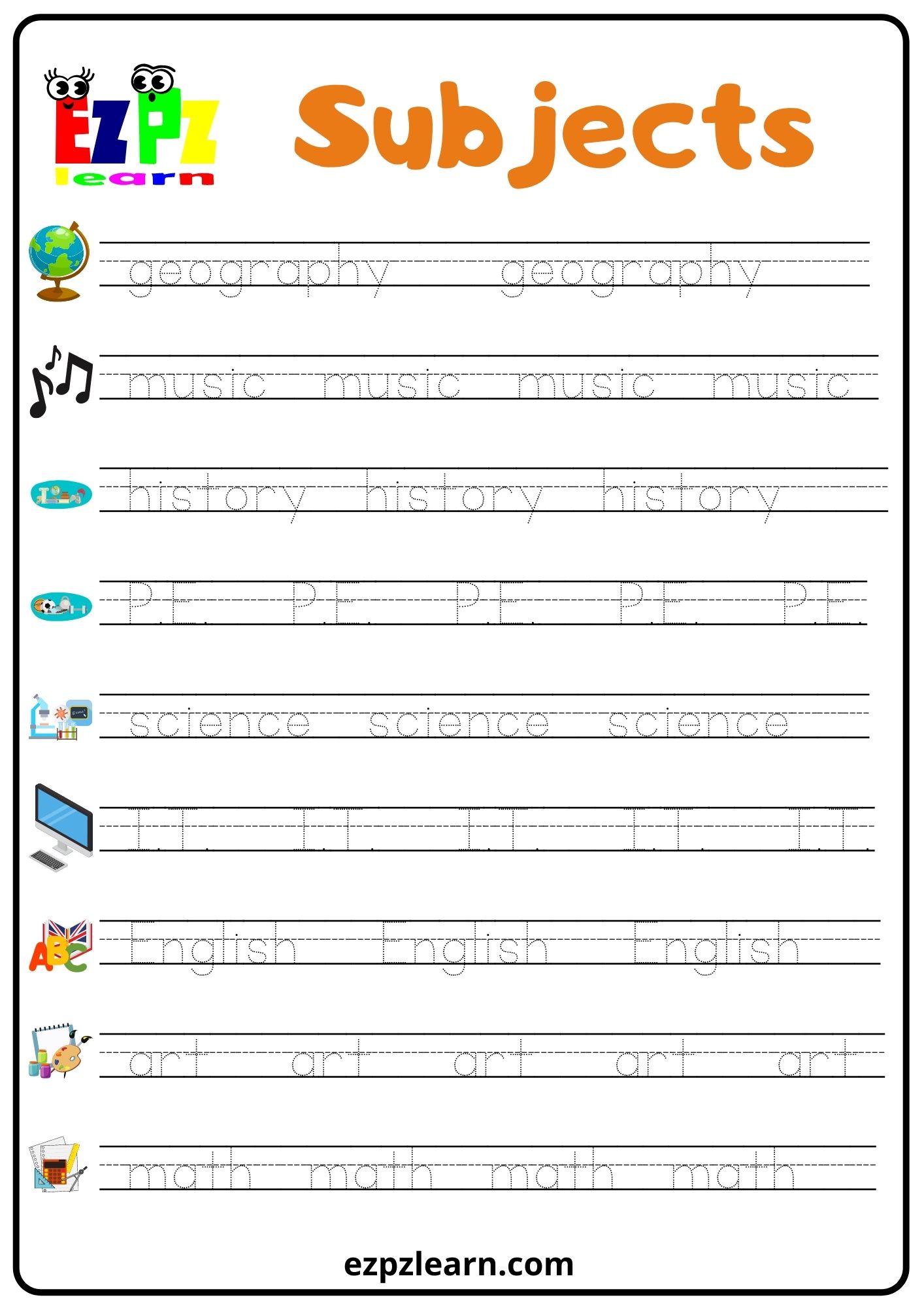 subjects school word tracing worksheet ezpzlearn com
