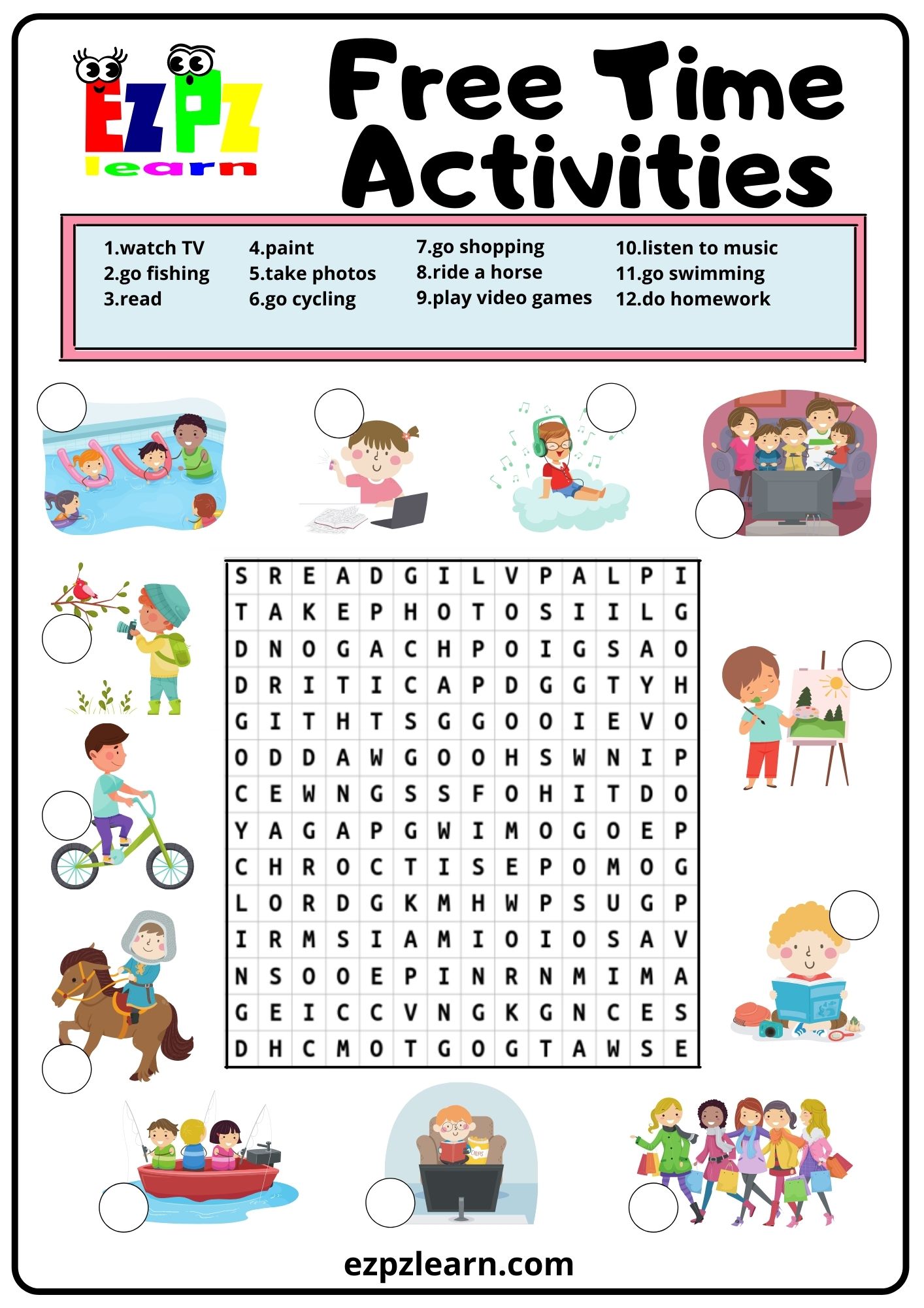 Free Time Activities Word Search 2 