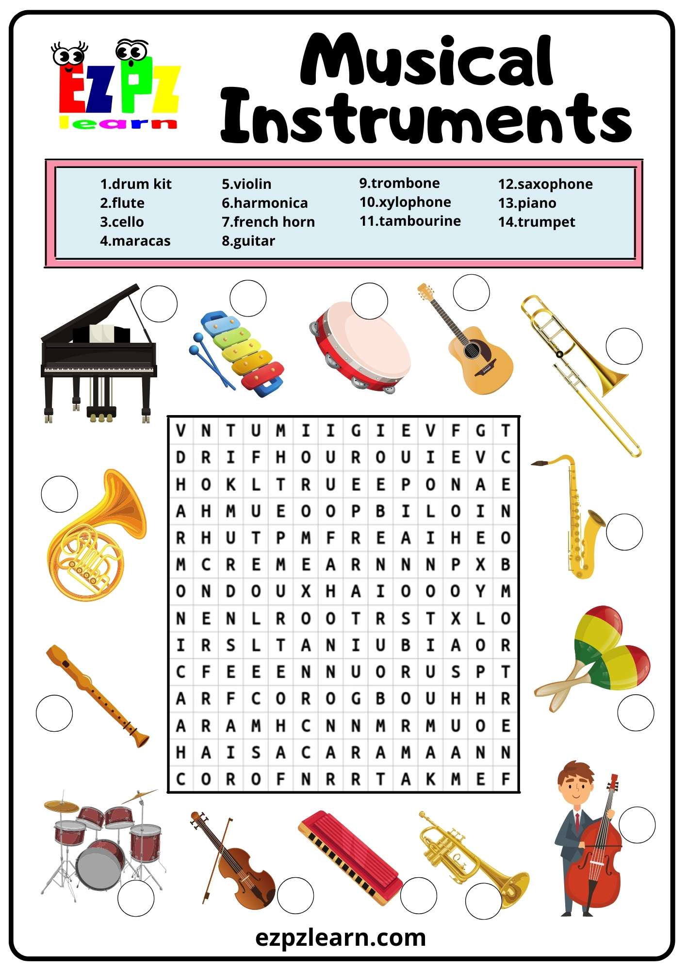 Musical Instruments Word Search 2 - Ezpzlearn.com