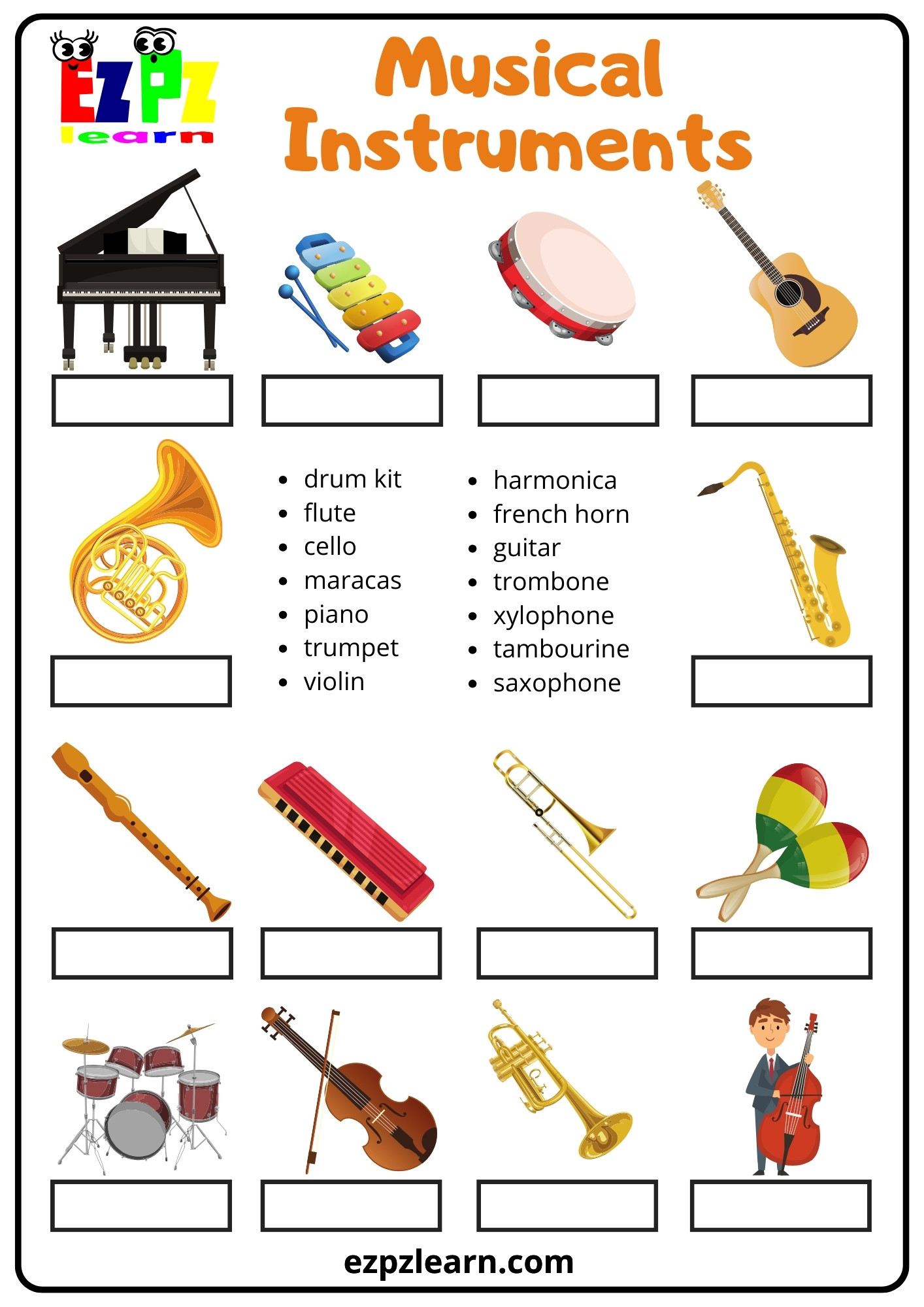 Musical Instruments Word Match - Ezpzlearn.com