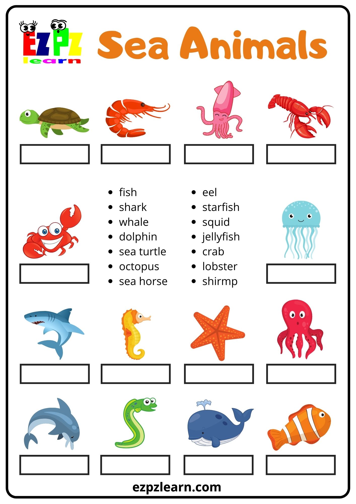 Sea Animals Word Match 