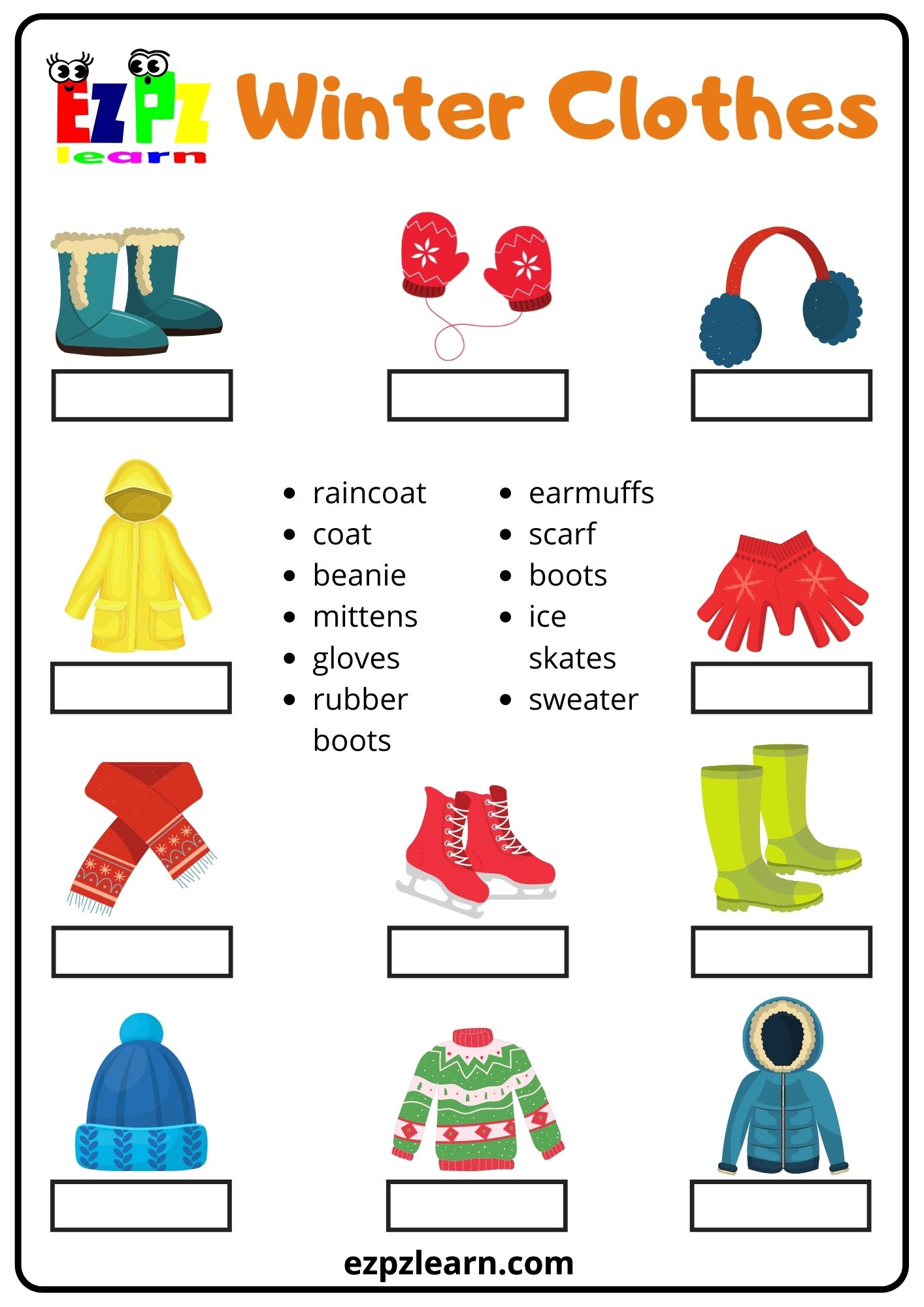 Winter's clothes vocabulary in English, English vocabulary