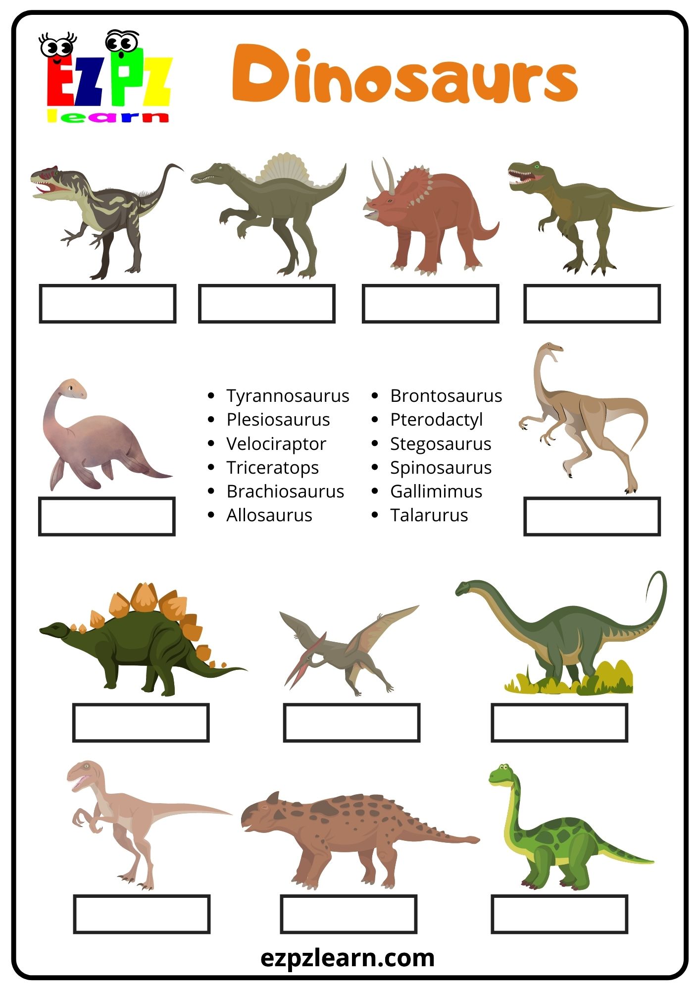 Dinosaurs Word Match - Ezpzlearn.com