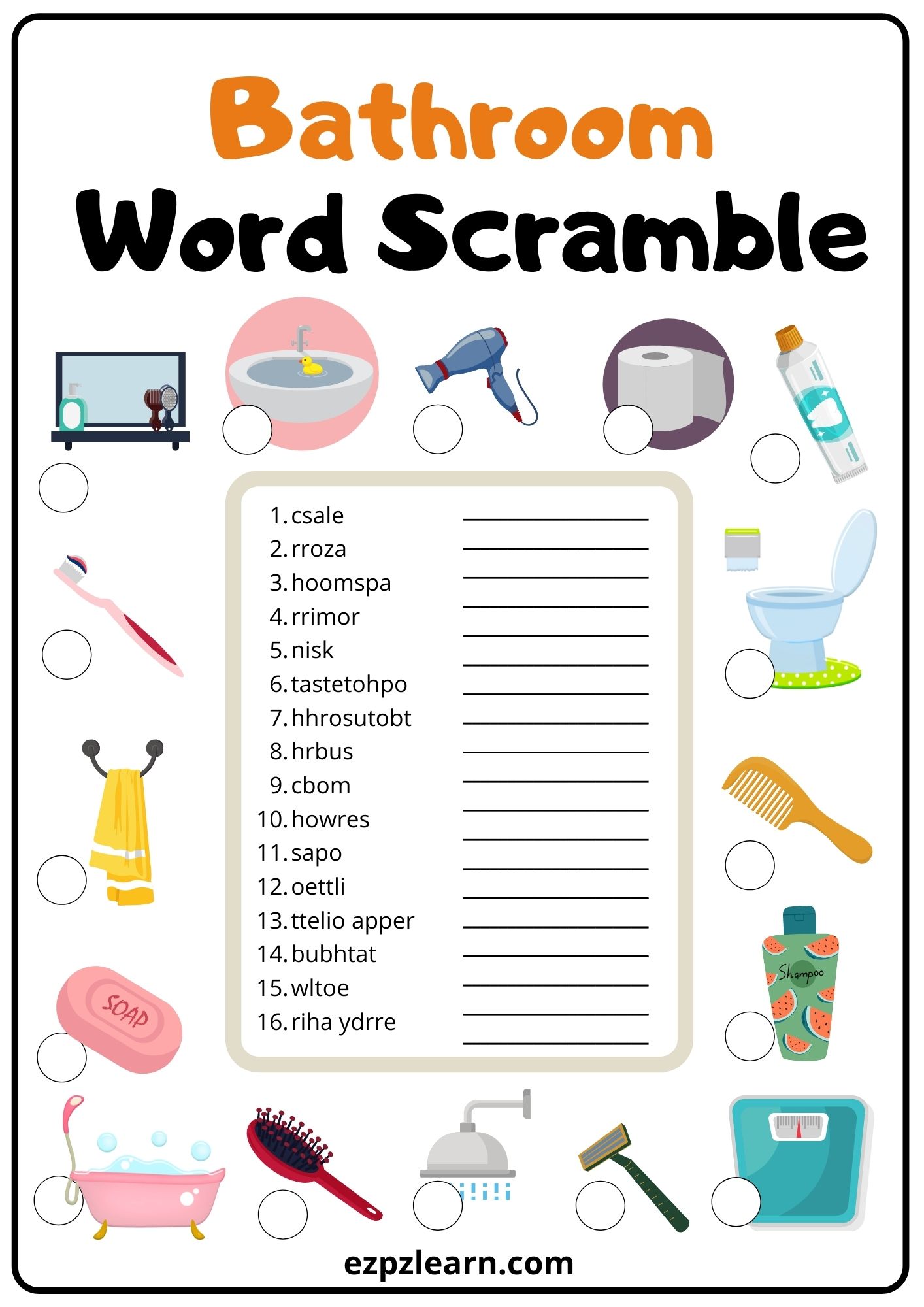 Bathroom Word Scramble 2 - Ezpzlearn.com