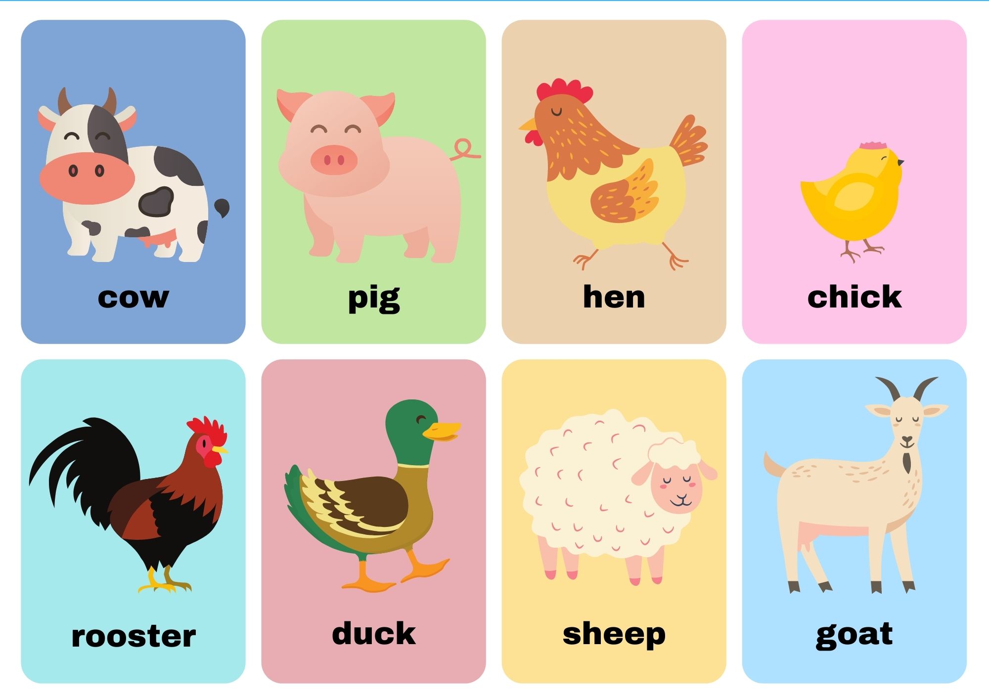 Farm Animals Flashcards With Words Includes Pig Cow Chicken Horse ...