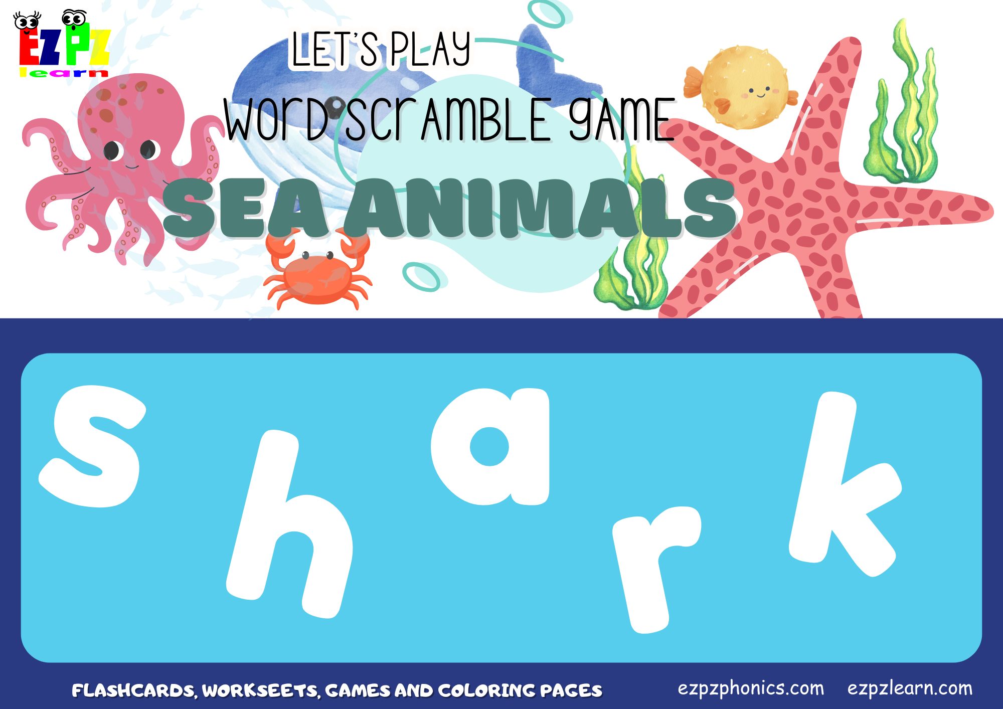 Sea Animals Word Scramble Guessing Game. Great for kids and English ...