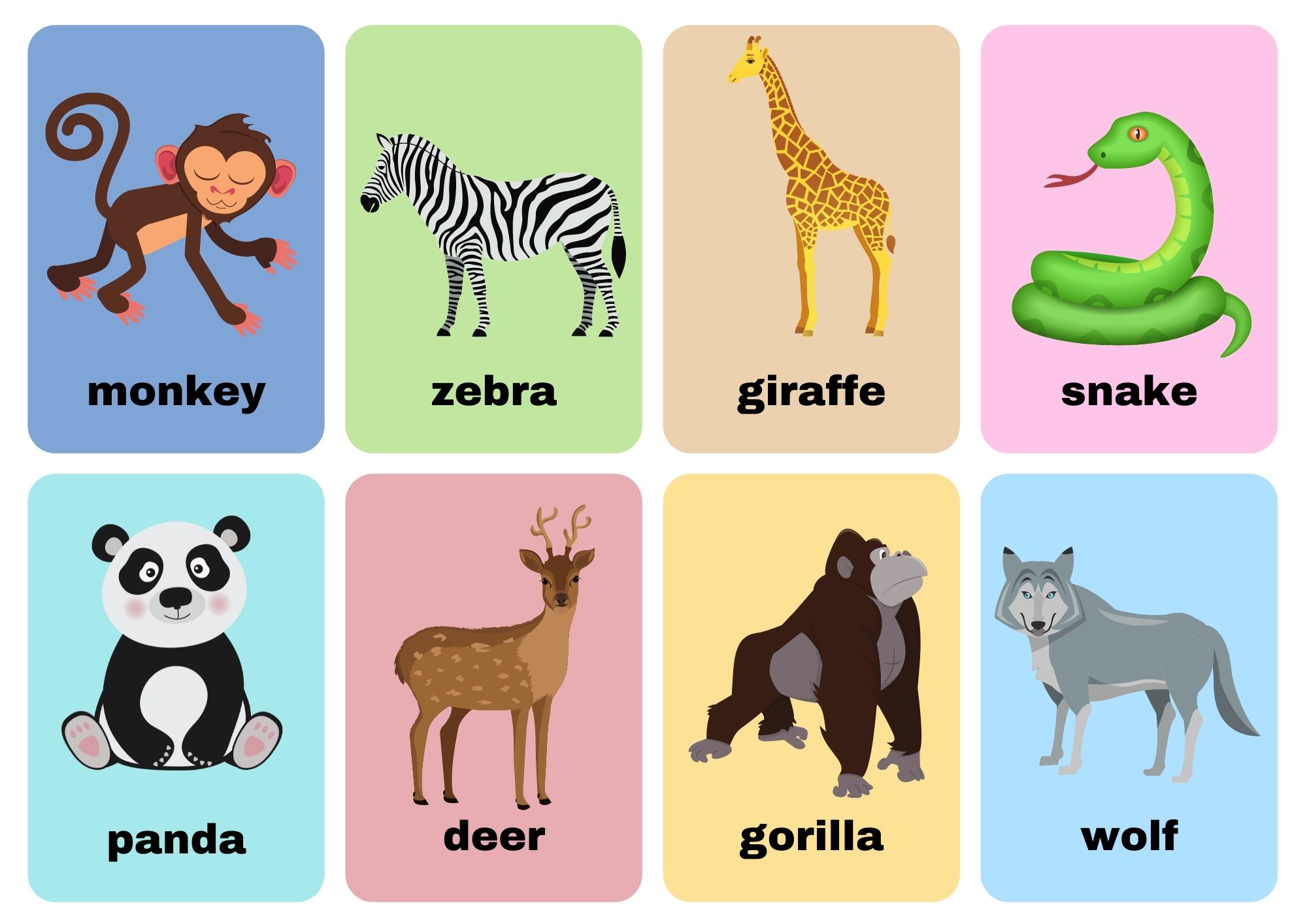 Wild Animal Flashcards With Words use online or free PDF download Includes:  elephant, lion, giraffe, tiger, zebra, monkey, kangaroo, rhino, hippo,  bear, panda, alligator, snake, wolf, frog, fox, frog, gorilla, koala, and