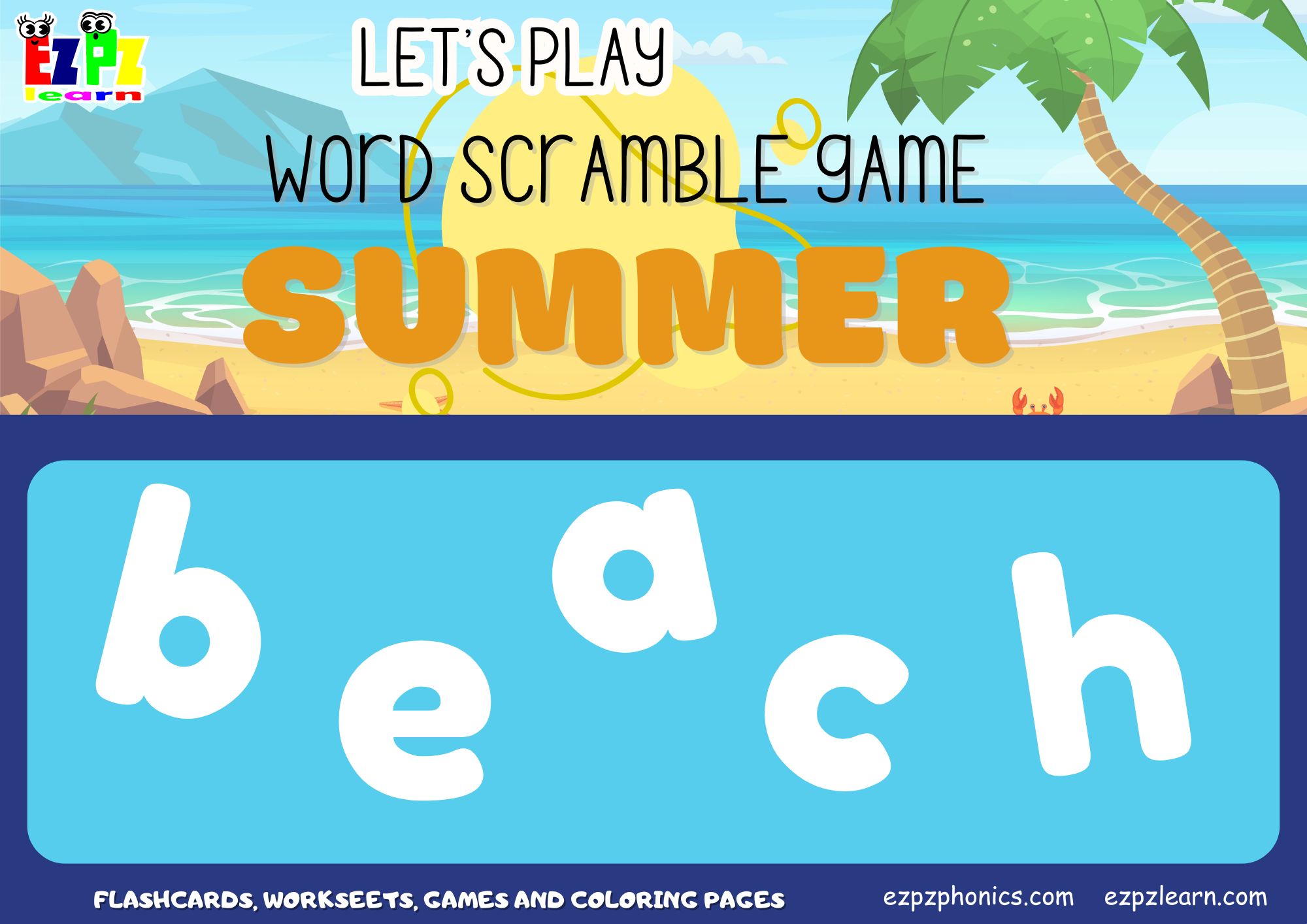 Summer Vocabulary Word Scramble Game. Great Spelling Game For English 