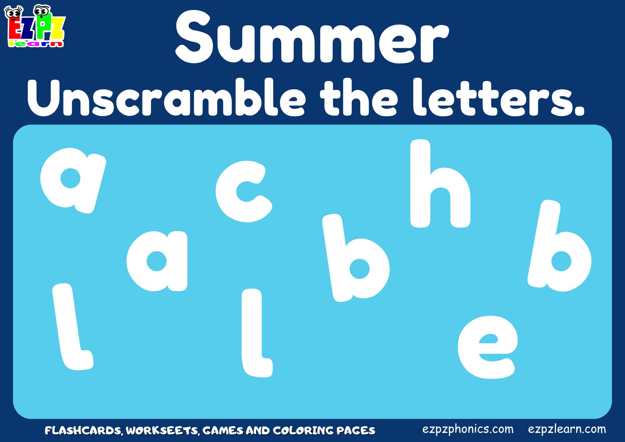 Summer Vocabulary Word Scramble Game. Great Spelling Game For English 