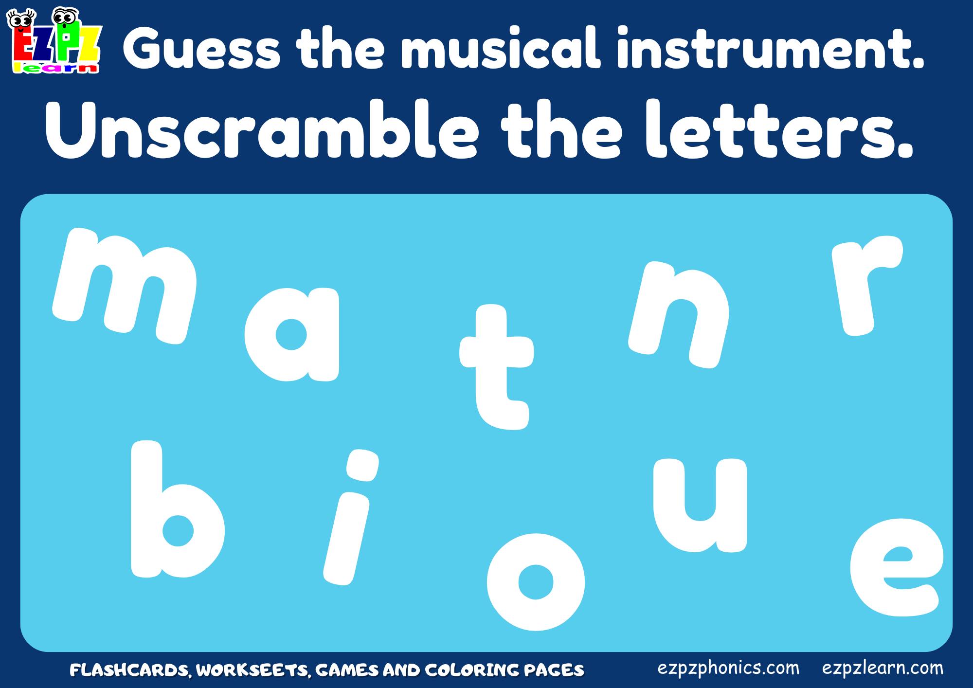Musical Instruments Vocabulary Word Scramble Game. - Ezpzlearn.com