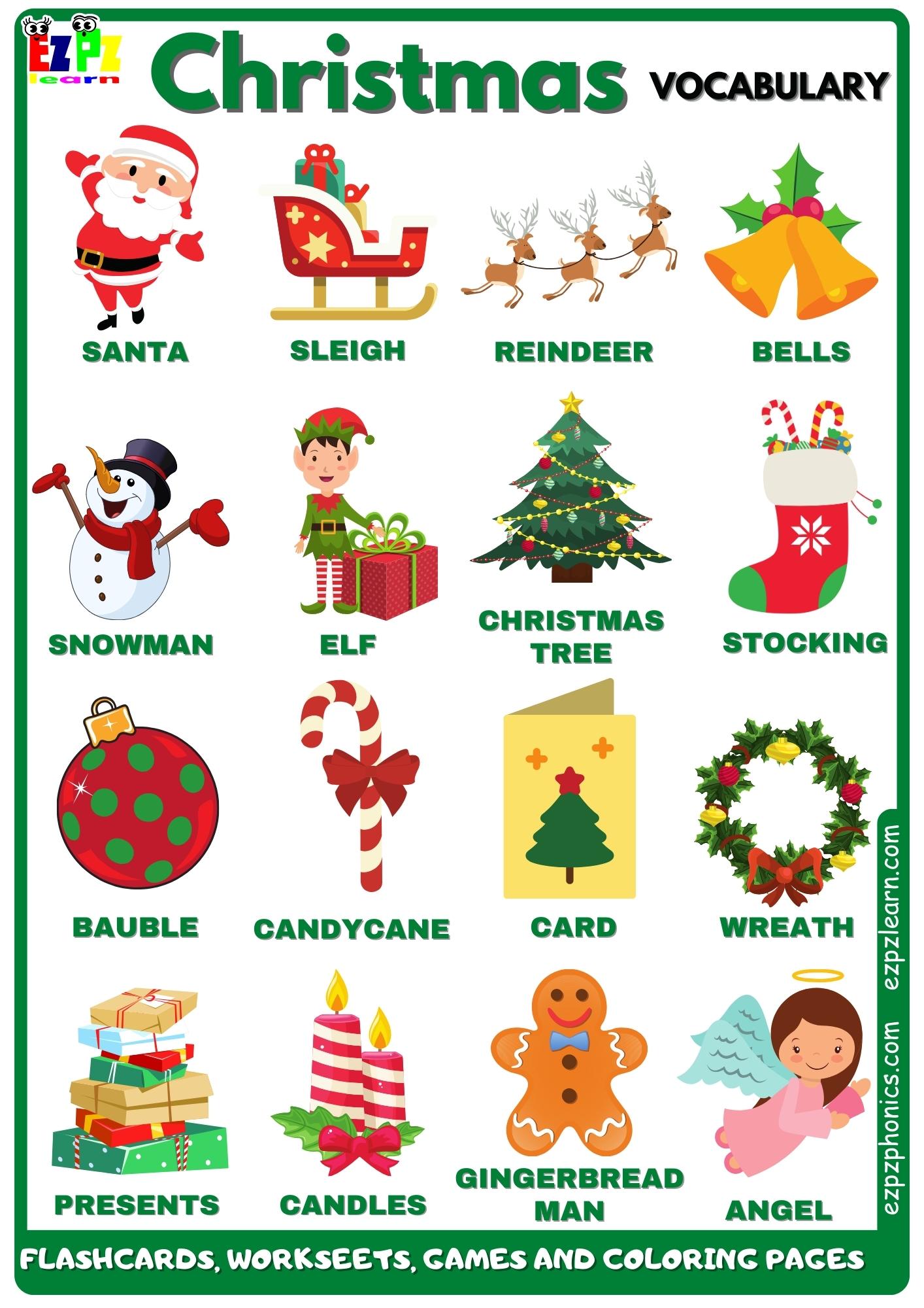 Christmas Vocabulary Free English Vocabulary Resources Flashcards, Worksheets, Coloring Pages, Games and More for ESL - Ezpzlearn.com