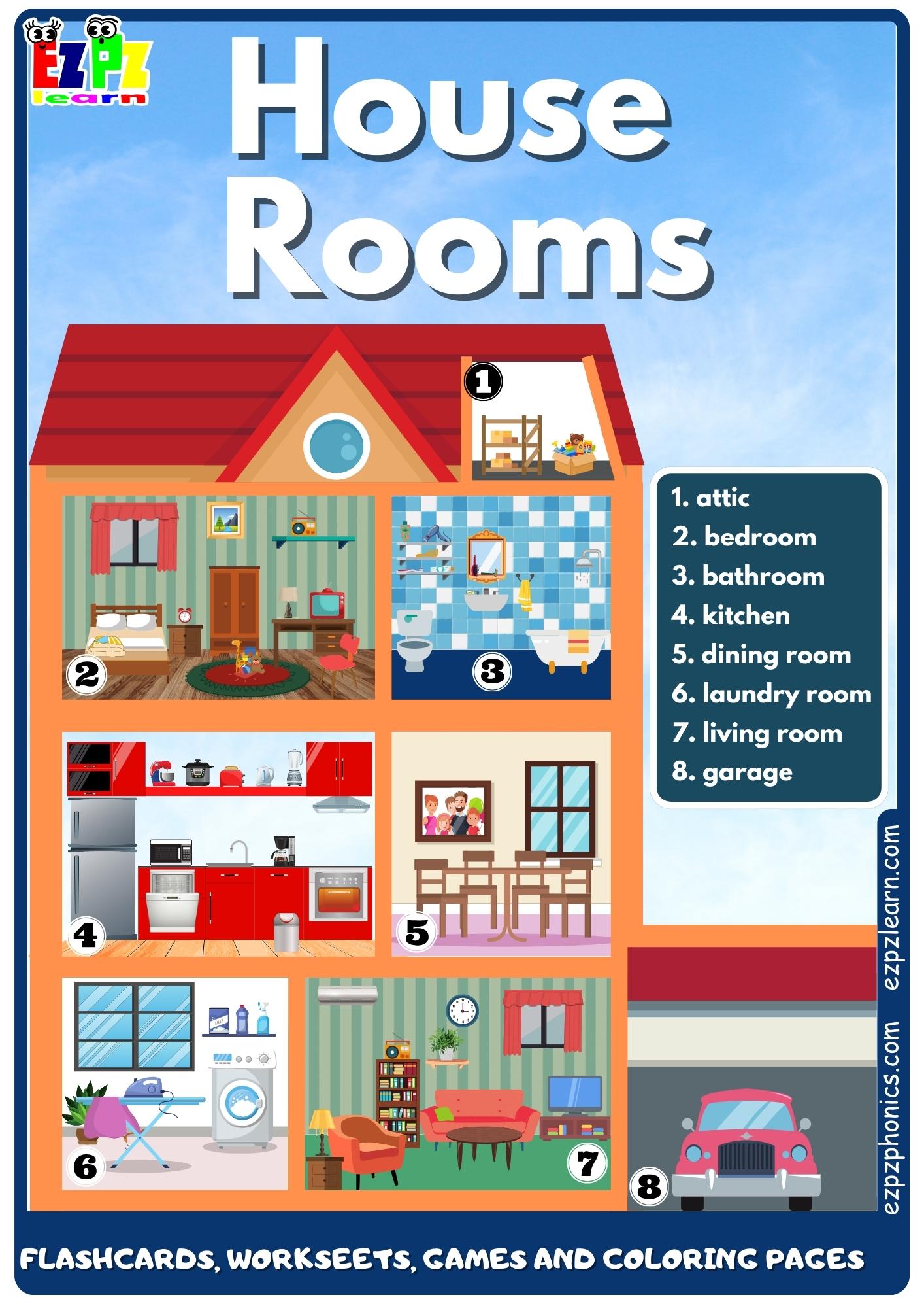 House Rooms Vocabulary Free English Vocabulary Flashcards, Worksheets,  Coloring Pages, Games and More for English Language Learners - Ezpzlearn.com