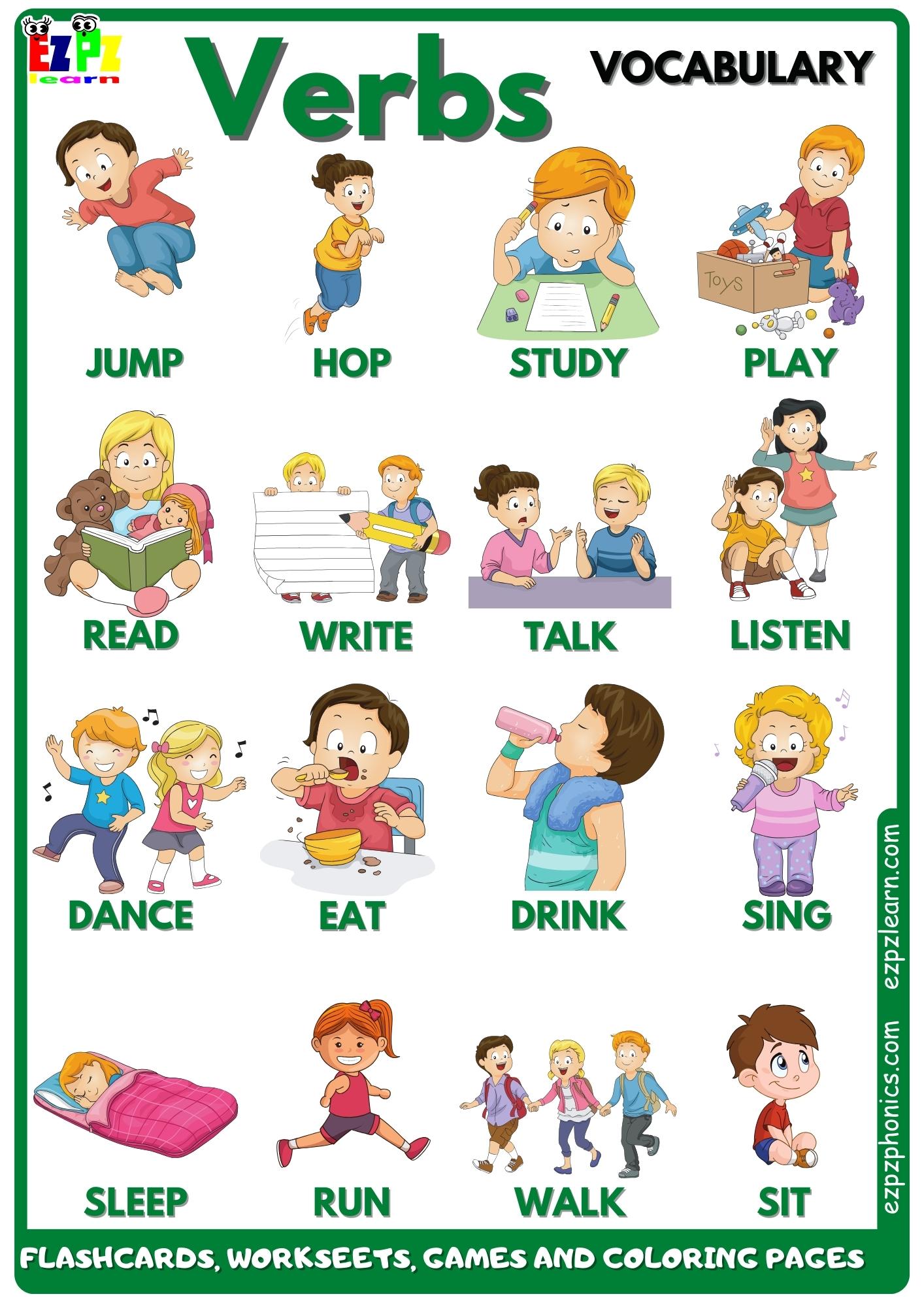 Verbs and Action Words Vocabulary Free English Vocabulary Flashcards,  Worksheets, Coloring Pages, Games and More for Homeschool and English  Language Learners 