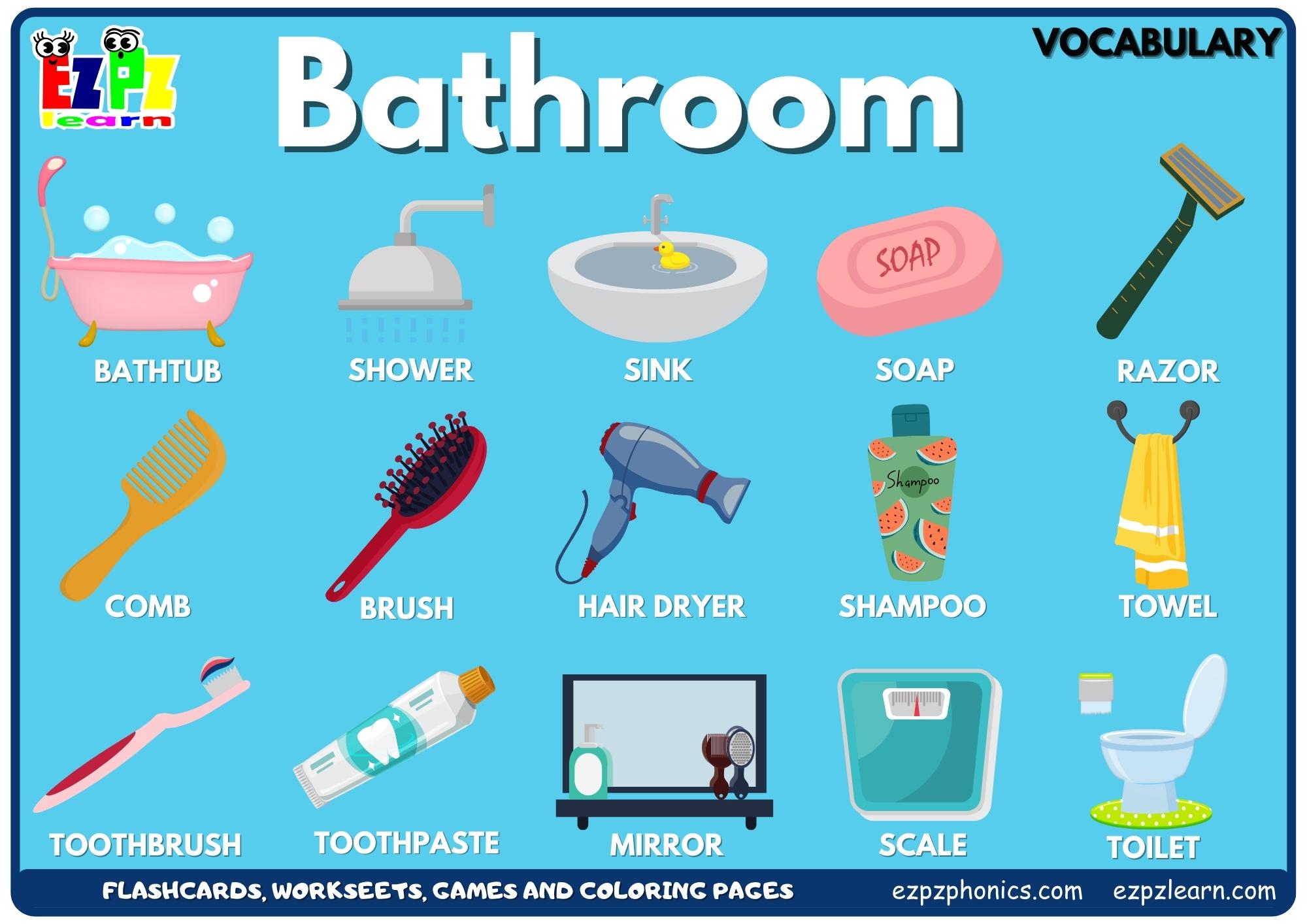 Bathroom Items List Picture Vocabulary  Bathroom items, Vocabulary,  Flashcards