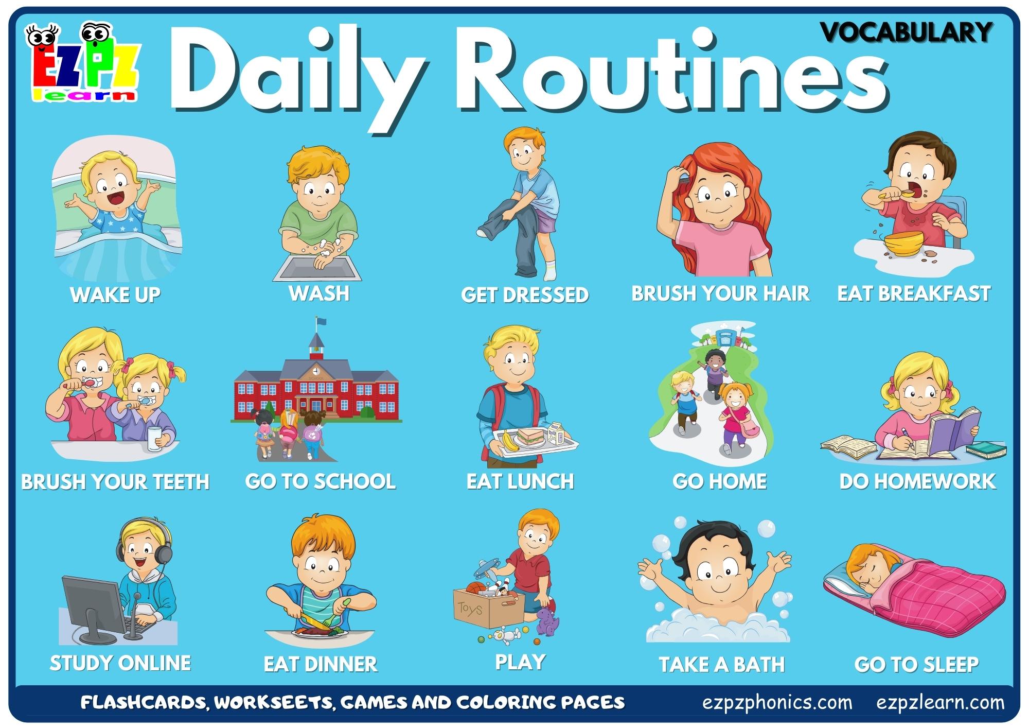 Daily Routine Word Match Game - Ezpzlearn.com  English vocabulary games,  Vocabulary games for kids, English lessons for kids