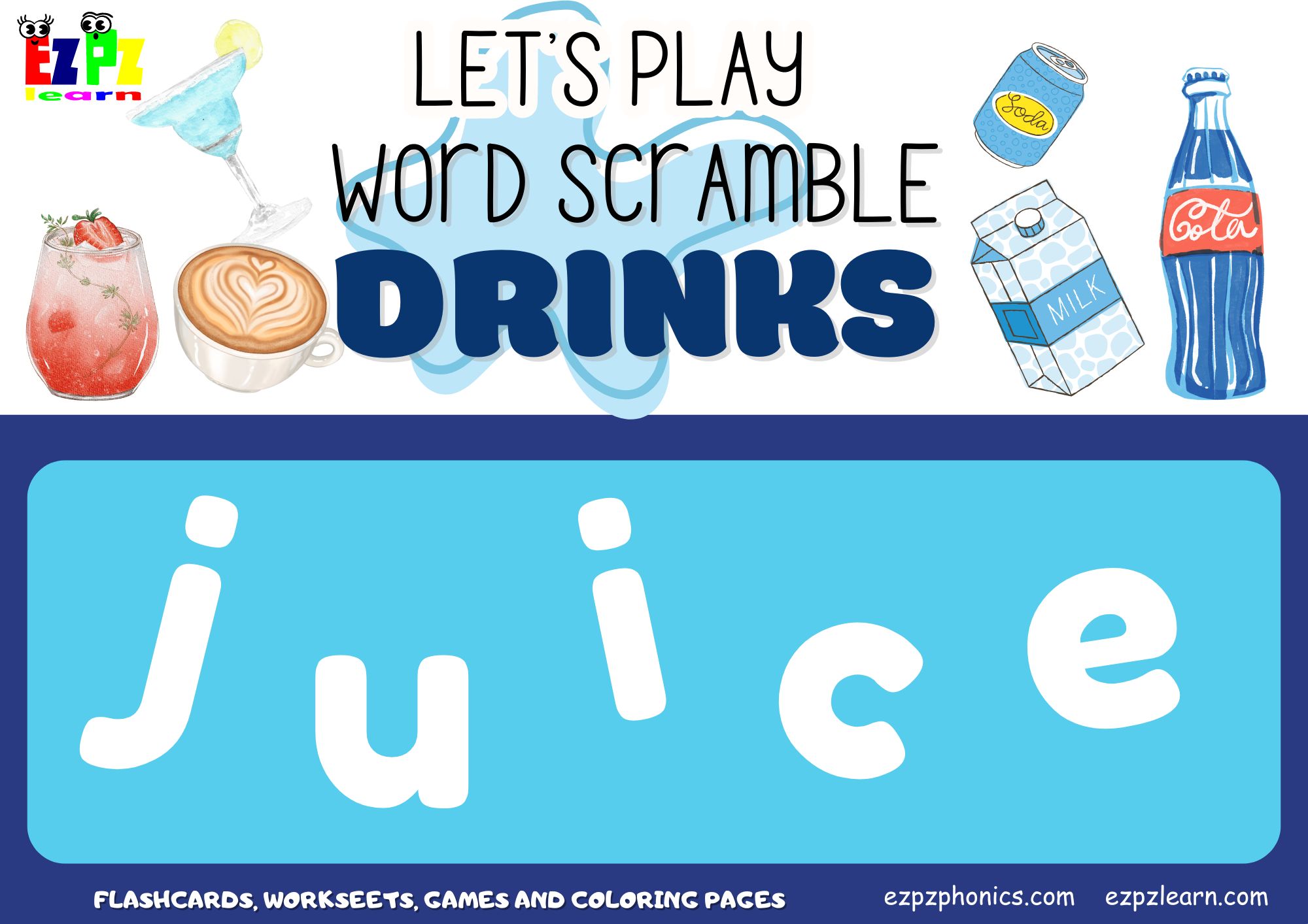 Drinks Vocabulary Word Scramble Guessing Game. Great for kids and ...