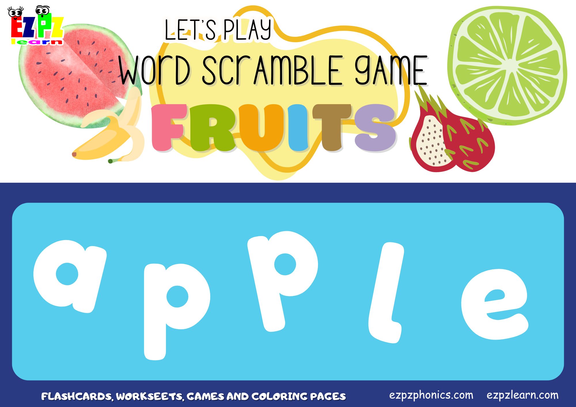 Fruits Food Vocabulary Word Scramble Guessing Game. Great for kids and ...